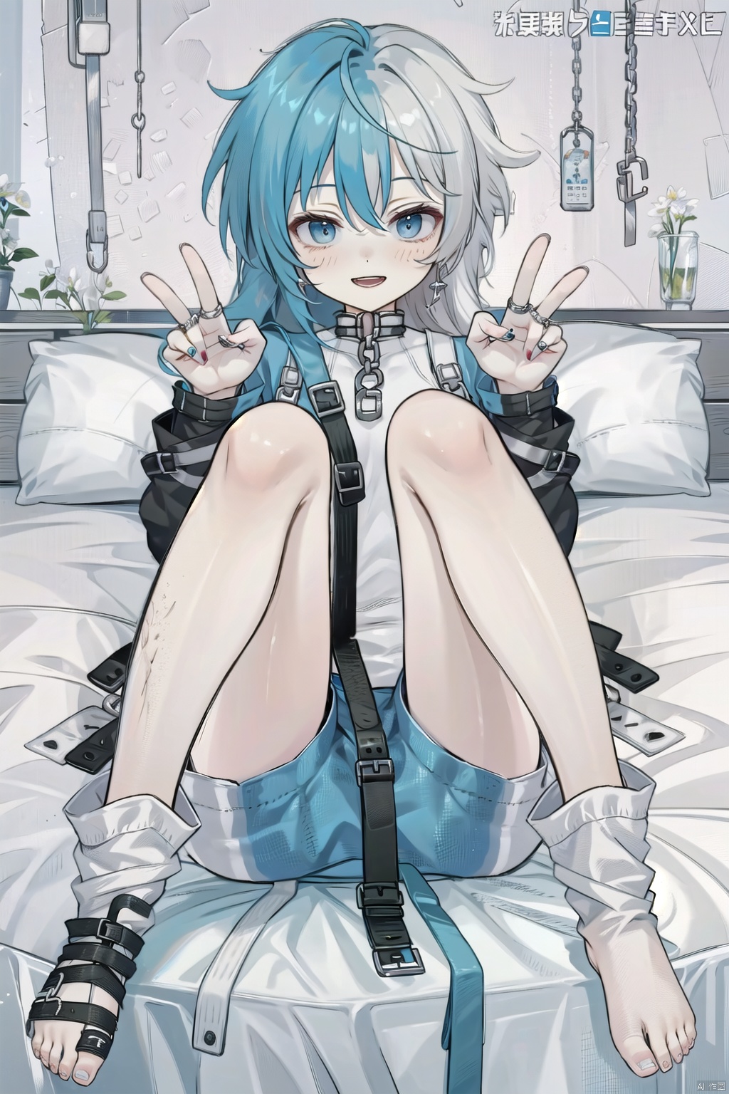  (mad), (crazy), (happy), (laughing), bedroom, laying_down, on the bed, leg_spread, legs_open, legs_raised, legs_up, memo