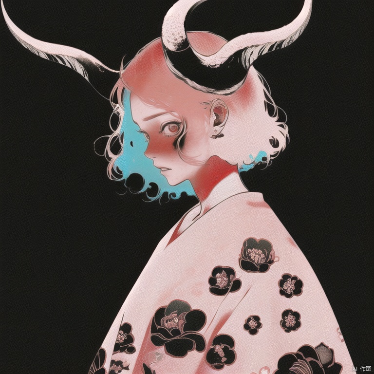  qzzd, horns, solo, profile, 1girl, short hair, upper body, floral print, from side, black background, looking at viewer