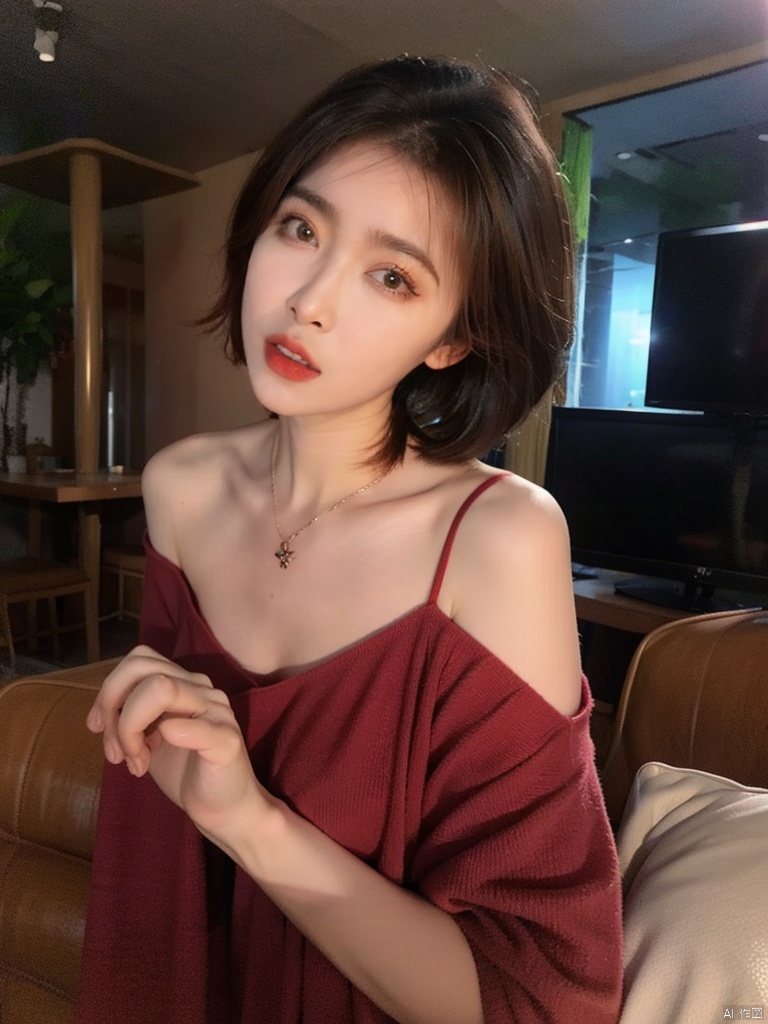  1, 1girl, short hair, brown hair, solo, dress, brown eyes, looking at viewer, holding, red dress, parted lips, bare shoulders, indoors, lips, upper body, sleeveless, 1gril
