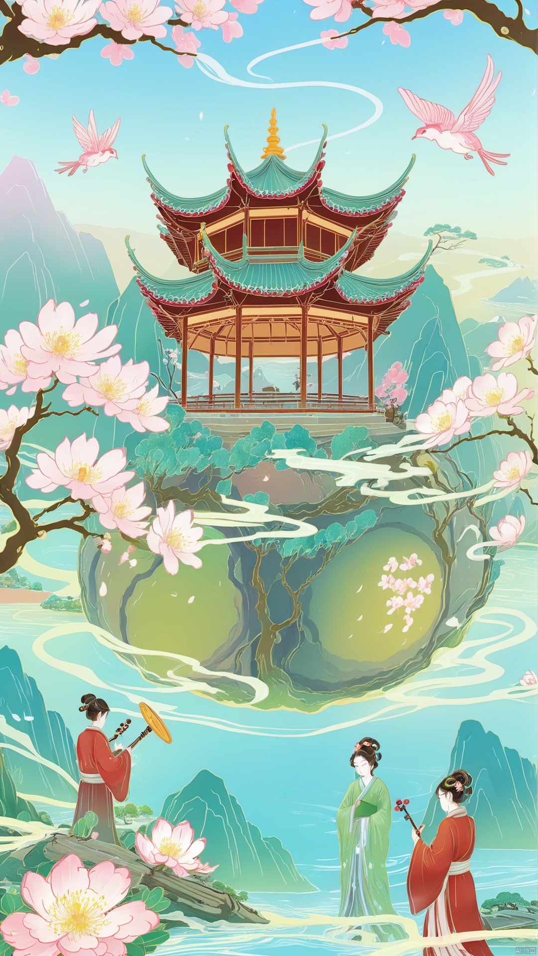 In an ancient plum blossom forest, a plum blossom fairy island looms, the plum blossom on the island is in full bloom, emitting a touch of fragrance. On the island, a group of fairies holding ancient instruments play melodious fairy songs, so that the whole island is full of mysterious atmosphere. At the center of the island, in a mysterious pavilion of plum blossoms, an immortal sits in it, closing his eyes to practice and become one with the surrounding nature