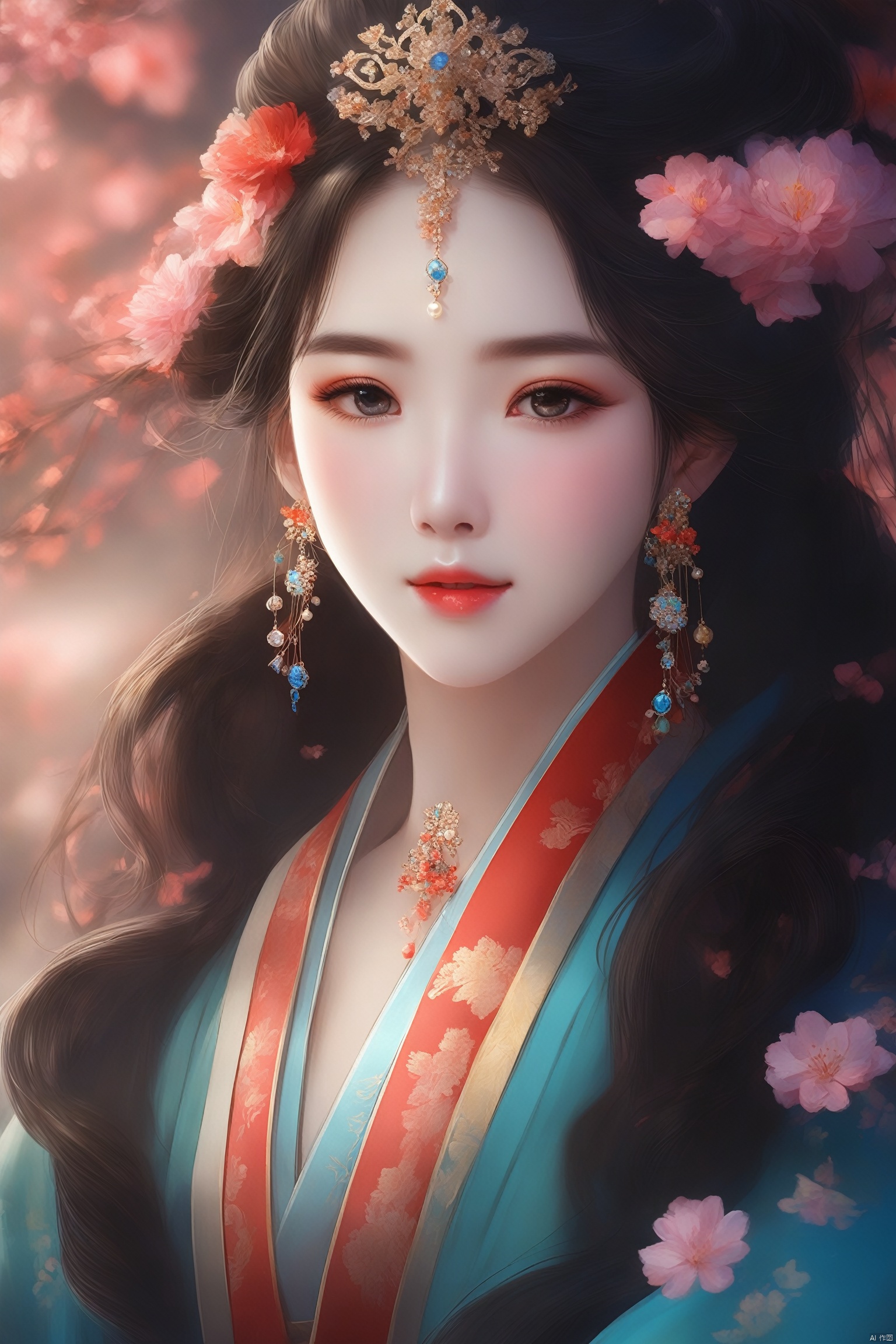 {Best quality},{{masterpiece}},{high resolution},original,extremely detailed wallpape,a flower marries a girl,solo,highly detailed,cool image,beautiful,dramatic light,dramatic angle,penetrating eyes,(realistic),Black hair,jewel eyes,aestheticism,soft face,long hair braided,beautiful face,{{{ultra detailed}}},lying petals,floating petals,falling petals,{{breeze}},wind,sky,dusk,{{{backlighting}}},cowboy shot,looking at viewer,Hanfu,She wore a lovely tiara,Hairpin,applique,embroidery,Huasun,women's hair ornament,Eardrop,Eardrop,pearl and jade necklace,colorful,