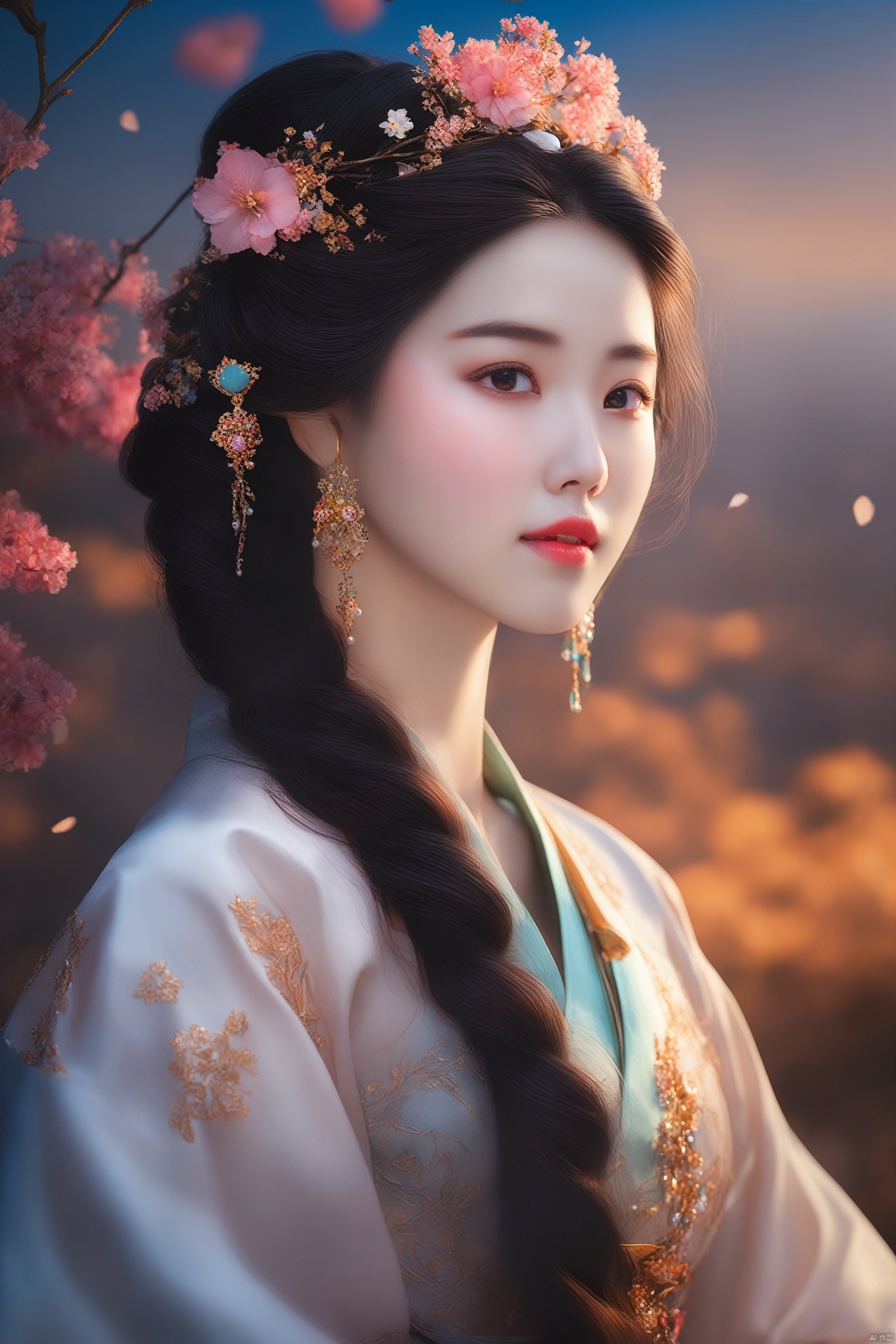 {Best quality},{{masterpiece}},{high resolution},original,extremely detailed wallpape,a flower marries a girl,solo,highly detailed,cool image,beautiful,dramatic light,dramatic angle,penetrating eyes,(realistic),Black hair,jewel eyes,aestheticism,soft face,long hair braided,beautiful face,{{{ultra detailed}}},lying petals,floating petals,falling petals,{{breeze}},wind,sky,dusk,{{{backlighting}}},cowboy shot,looking at viewer,Hanfu,She wore a lovely tiara,Hairpin,applique,embroidery,Huasun,women's hair ornament,Eardrop,Eardrop,pearl and jade necklace,colorful,