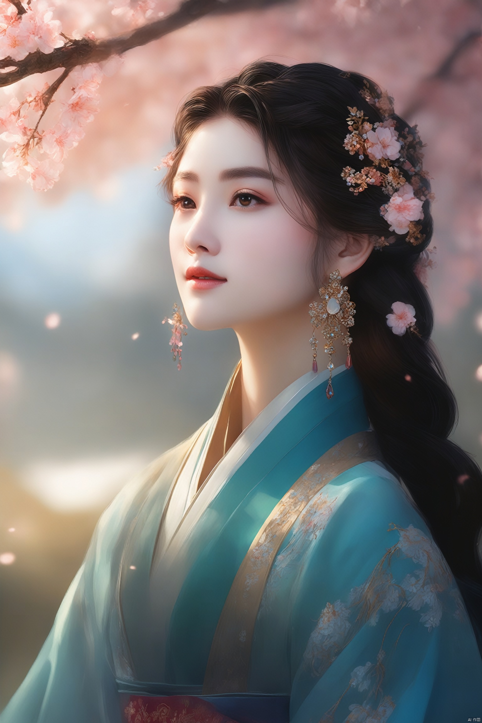 {Best quality},{{masterpiece}},{high resolution},original,extremely detailed wallpape,a flower marries a girl,solo,highly detailed,cool image,beautiful,dramatic light,dramatic angle,penetrating eyes,(realistic),Black hair,jewel eyes,aestheticism,soft face,long hair braided,beautiful face,{{{ultra detailed}}},lying petals,floating petals,falling petals,{{breeze}},wind,sky,dusk,{{{backlighting}}},cowboy shot,looking at viewer,Hanfu,She wore a lovely tiara,Hairpin,applique,embroidery,Huasun,women's hair ornament,Eardrop,Eardrop,pearl and jade necklace,colorful,