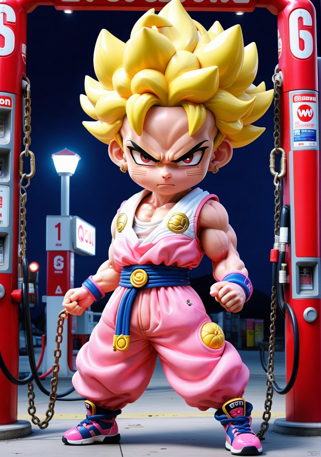 3DIP,PEIQI,(wsoiran:1.1),masterpiece,best quality,masterpiece,and textures with precision),super buu son gohan,light skin,In the style of Paranormal,dilapidated gas station,Chilling rattling chains,(Frown) looking at viewer, 3DIP