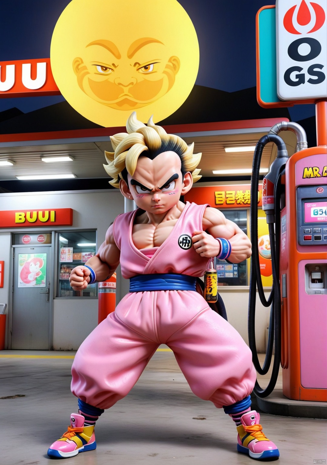 3DIP,PEIQI,(wsoiran:1.1),masterpiece,best quality,masterpiece,and textures with ,super buu son gohan,light skin,In the style of Paranormal,dilapidated gas station,Chilling rattling chainslooking at viewer,