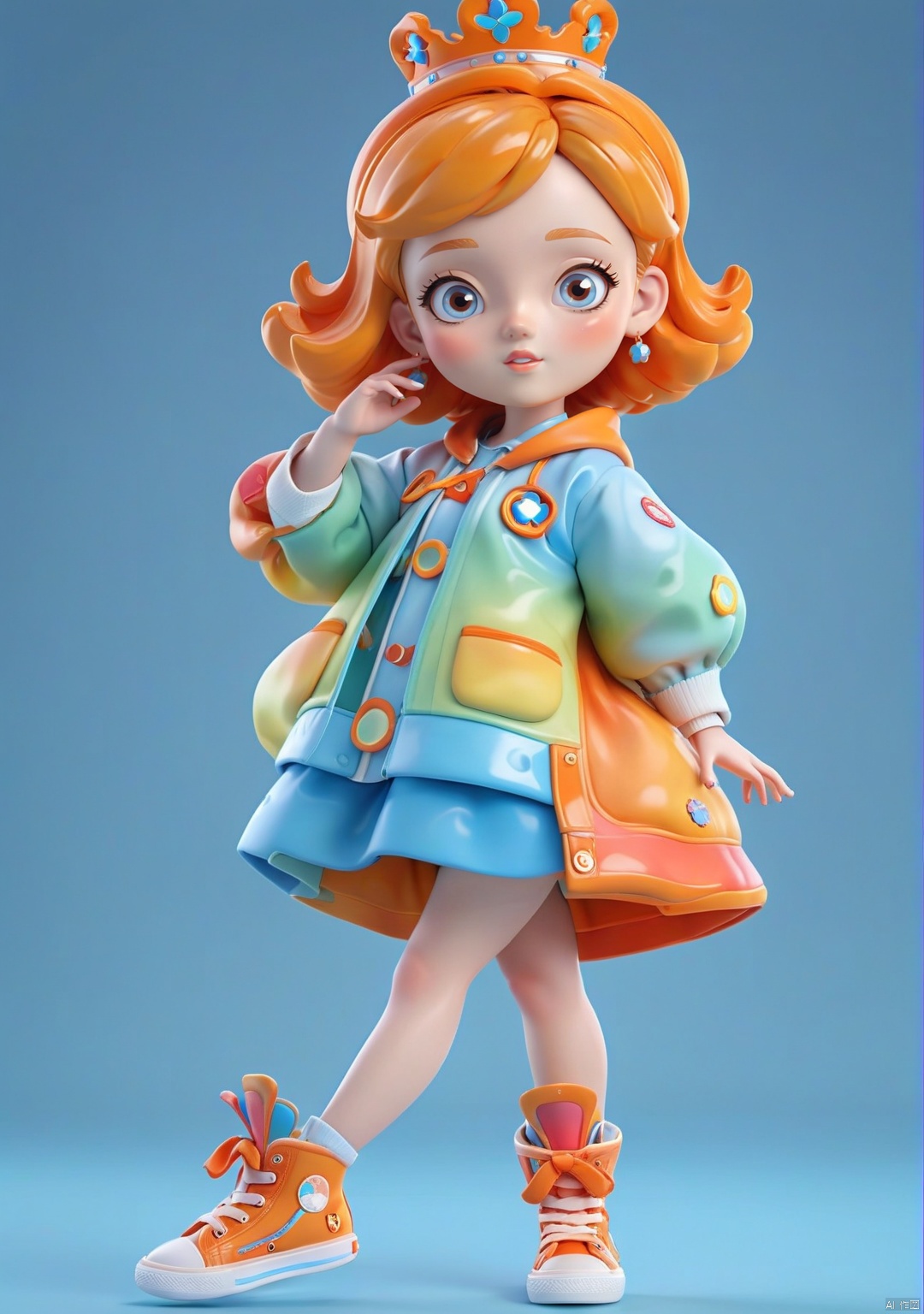 3DIP,PEIQI,(best quality:1.2),masterpiece,3D,Amazing,flat,Illustration,Gradient llustration, IP orange canvas shoes, blue background, full body solo, colorful, full body image, 3D cartoon, a fashion princess, face the audience