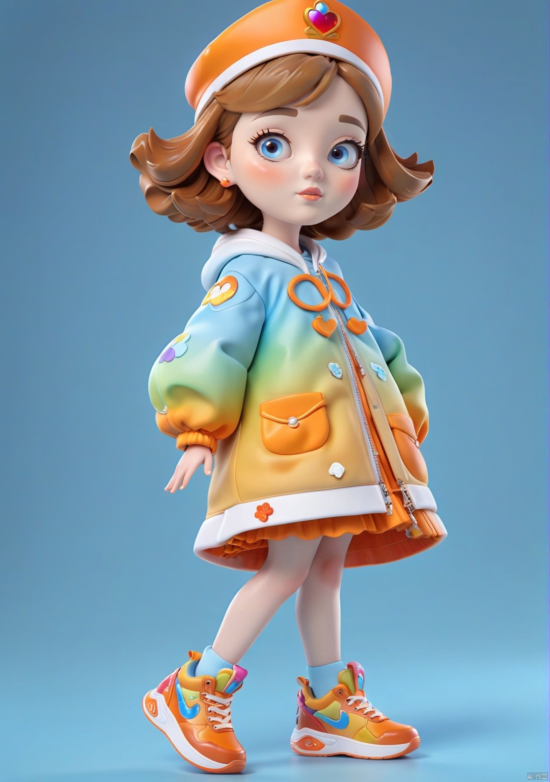 3DIP,PEIQI,(best quality:1.2),masterpiece,3D,Amazing,flat,Illustration,Gradient llustration, IP orange canvas shoes, blue background, full body solo, colorful, full body image, 3D cartoon, a fashion princess, face the audience