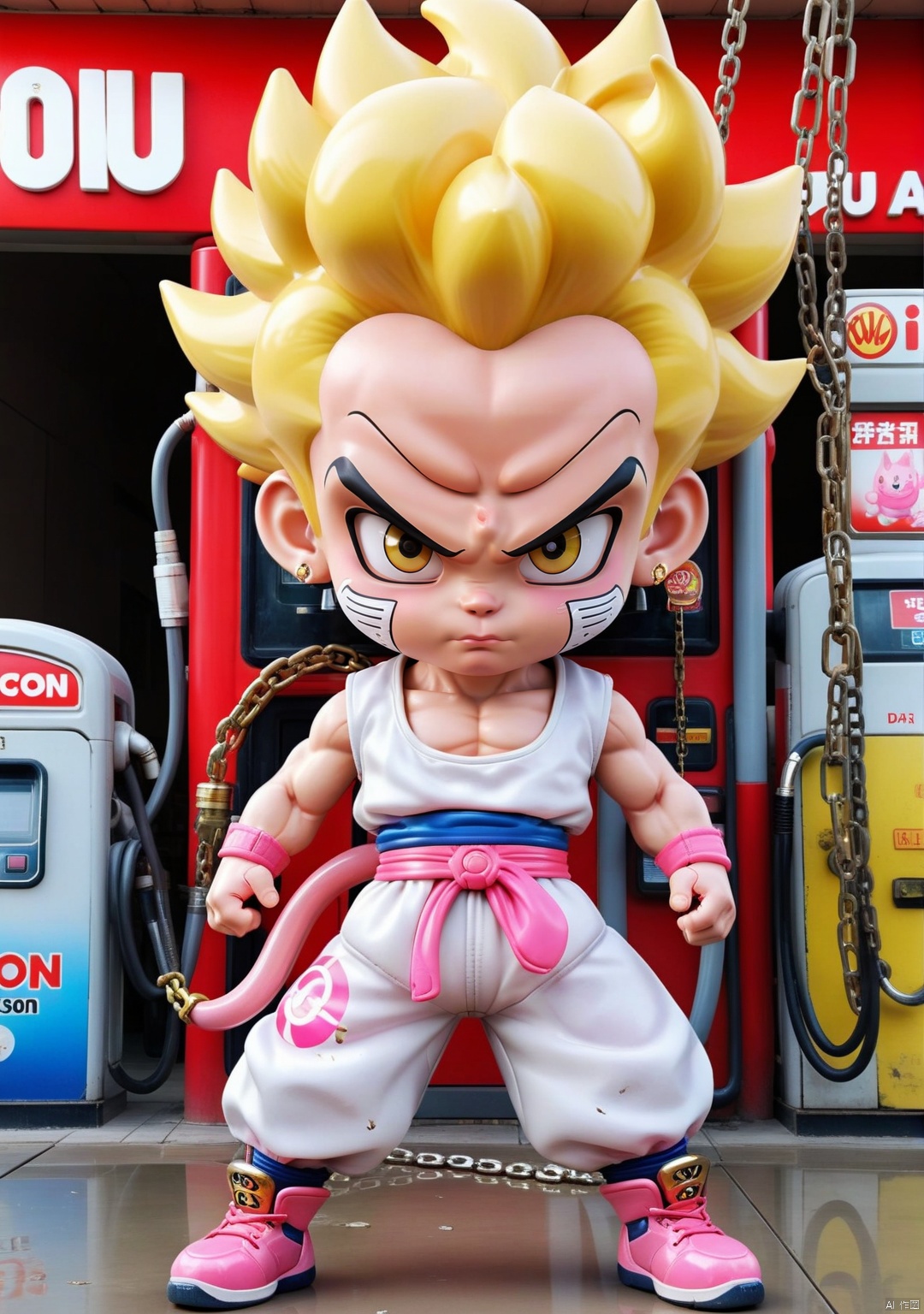 3DIP,PEIQI,(wsoiran:1.1),masterpiece,best quality,masterpiece,and textures with precision),super buu son gohan,light skin,In the style of Paranormal,dilapidated gas station,Chilling rattling chains,(Frown) looking at viewer, 3DIP