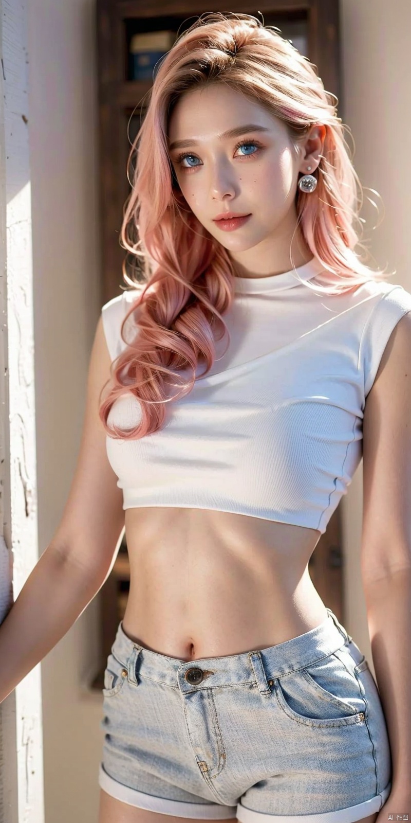 DSLR, (Good structure), ,High quality, masterpiece, 1Girl, Earstuds, blue eyes,Earstuds, blue eyes, black hair, (translucent white police uniform), navel exposed, (translucent shorts), thigh exposed, (supermodel pose),smile,(solo),（Different postures）,Pink hair,(Perfect hand lines),, 1 girl, , blond_hair, ((poakl)), aomei,blond_hair,blue_eyes