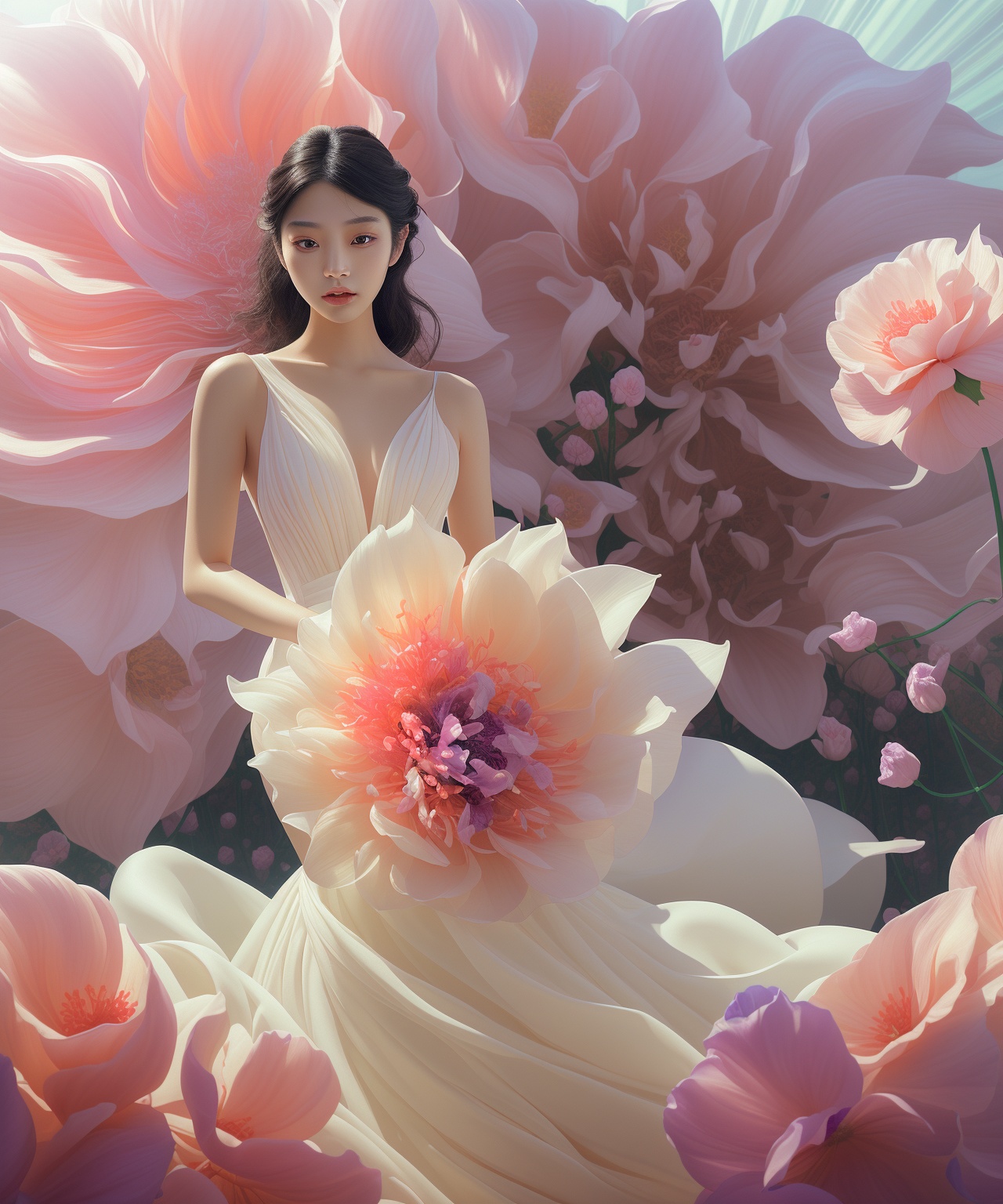 Asian woman with smooth skin,  wearing a stunning wedding dress. She is posing in front of a gigantic,  vibrantly colorful...