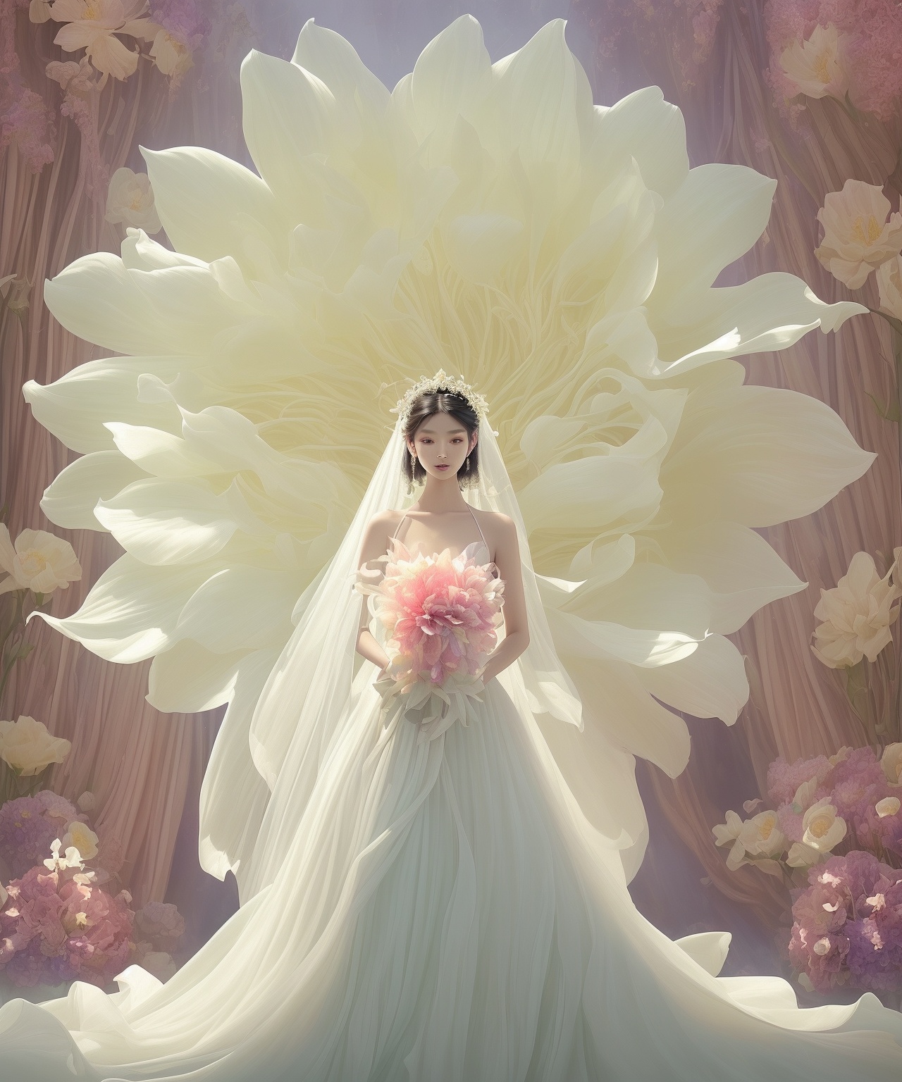 Asian woman with smooth,  radiant skin,  dressed in an exquisite wedding gown. She stands before a massive on Tensor.Art