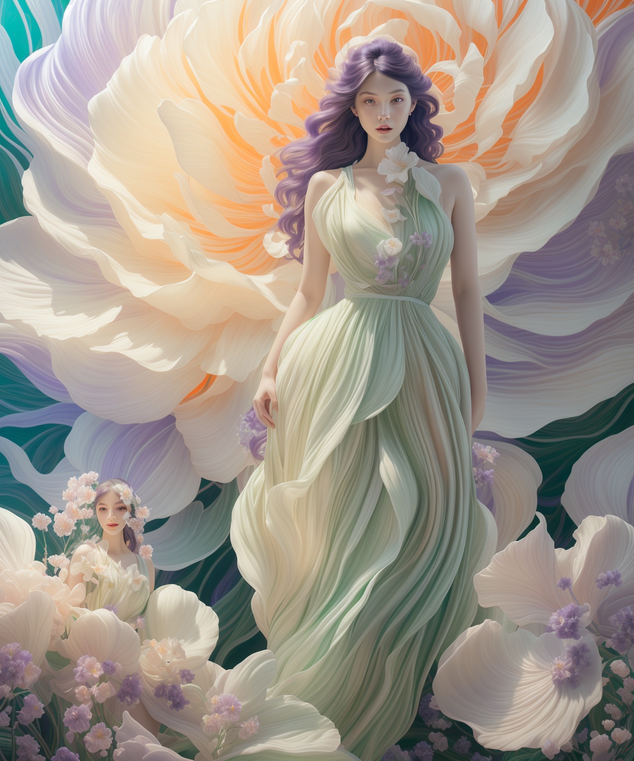 fullbody,  photo of woman standing in front of a beauty purple giant's flower,  portrait on Tensor.Art