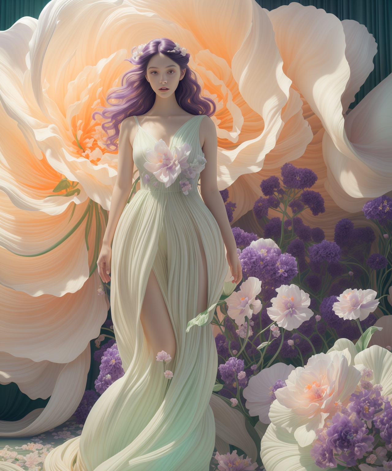 fullbody,  photo of woman standing in front of a beauty purple giant's flower,  portrait on Tensor.Art