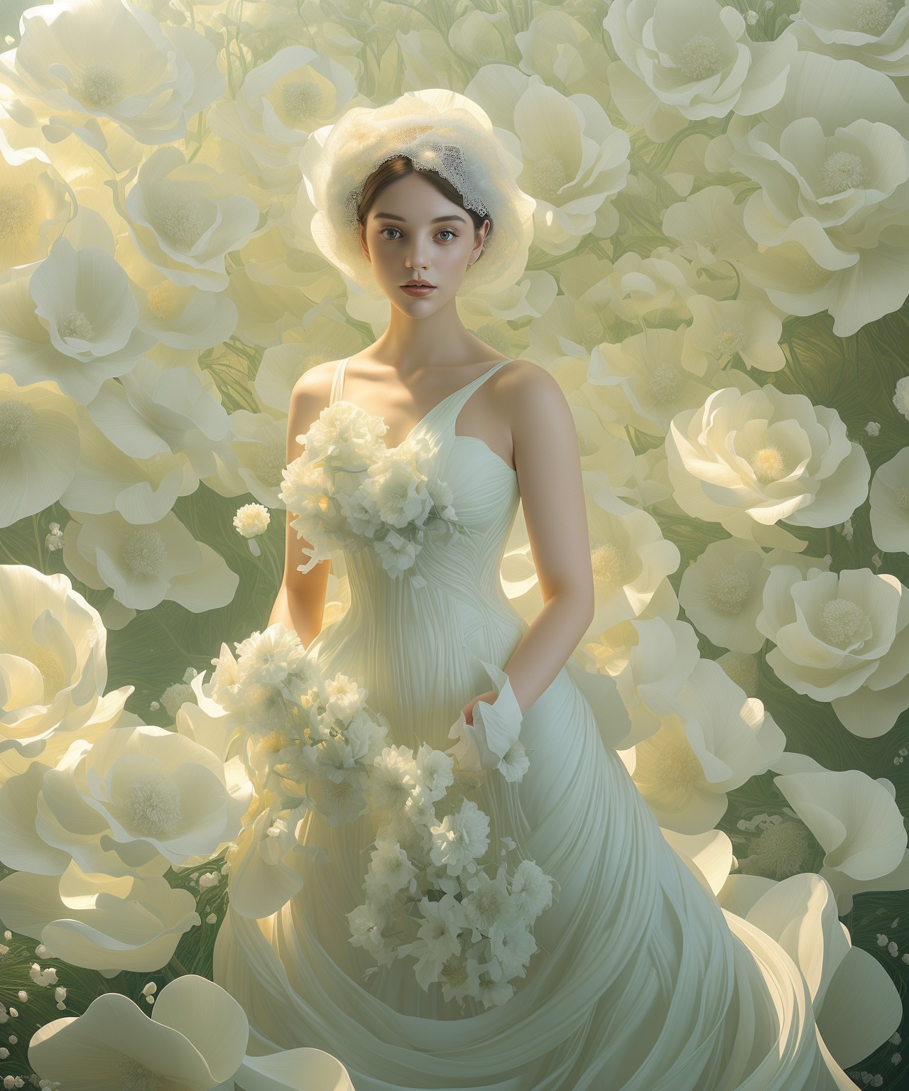 a woman in white wedding dress is posing in font of large white flowers,  in the style of artgerm,  photorealistic fantasi...