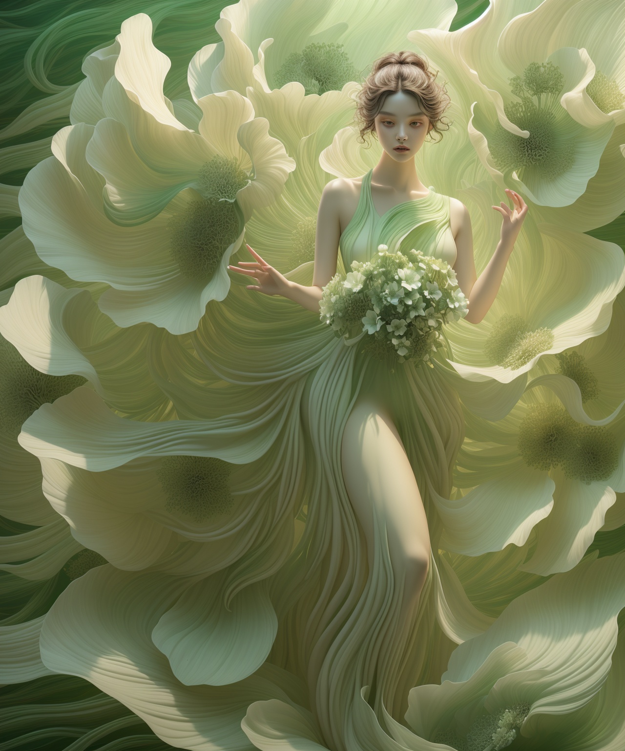 the beautiful girl is wearing beautiful green flowers,  fullbody,  in the style of realistic and hyper-detailed renderings...