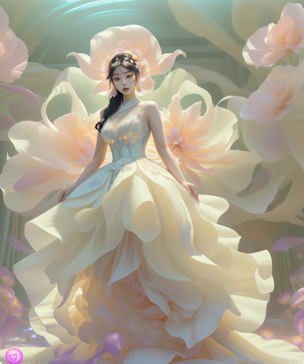 Asian woman with smooth skin,  wearing a stunning wedding dress. She is posing in front of a gigantic,  vibrantly colorful...