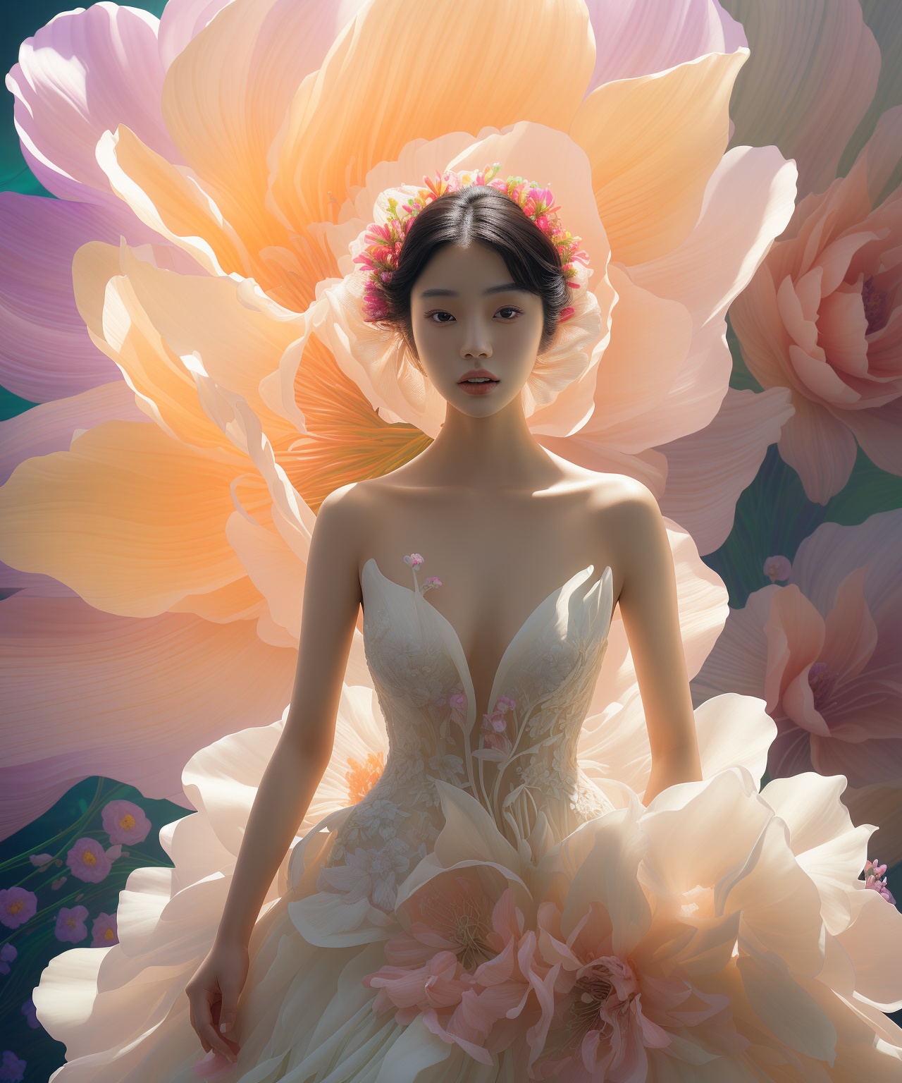 Asian woman with smooth skin,  wearing a stunning wedding dress. She is posing in front of a gigantic,  vibrantly colorful...