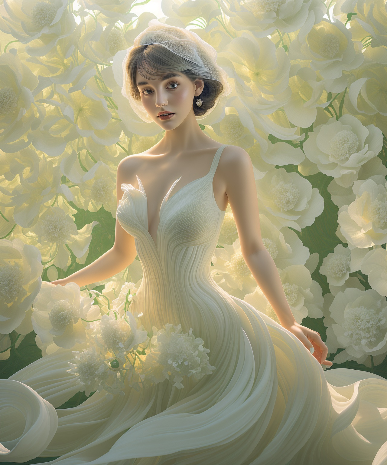 a woman in white wedding dress is posing in font of large white flowers,  in the style of artgerm,  photorealistic fantasi...