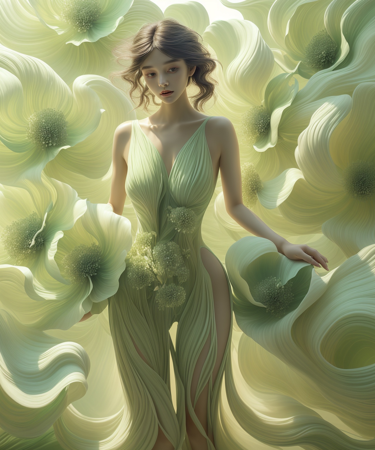 the beautiful girl is wearing beautiful green flowers,  fullbody,  in the style of realistic and hyper-detailed renderings...