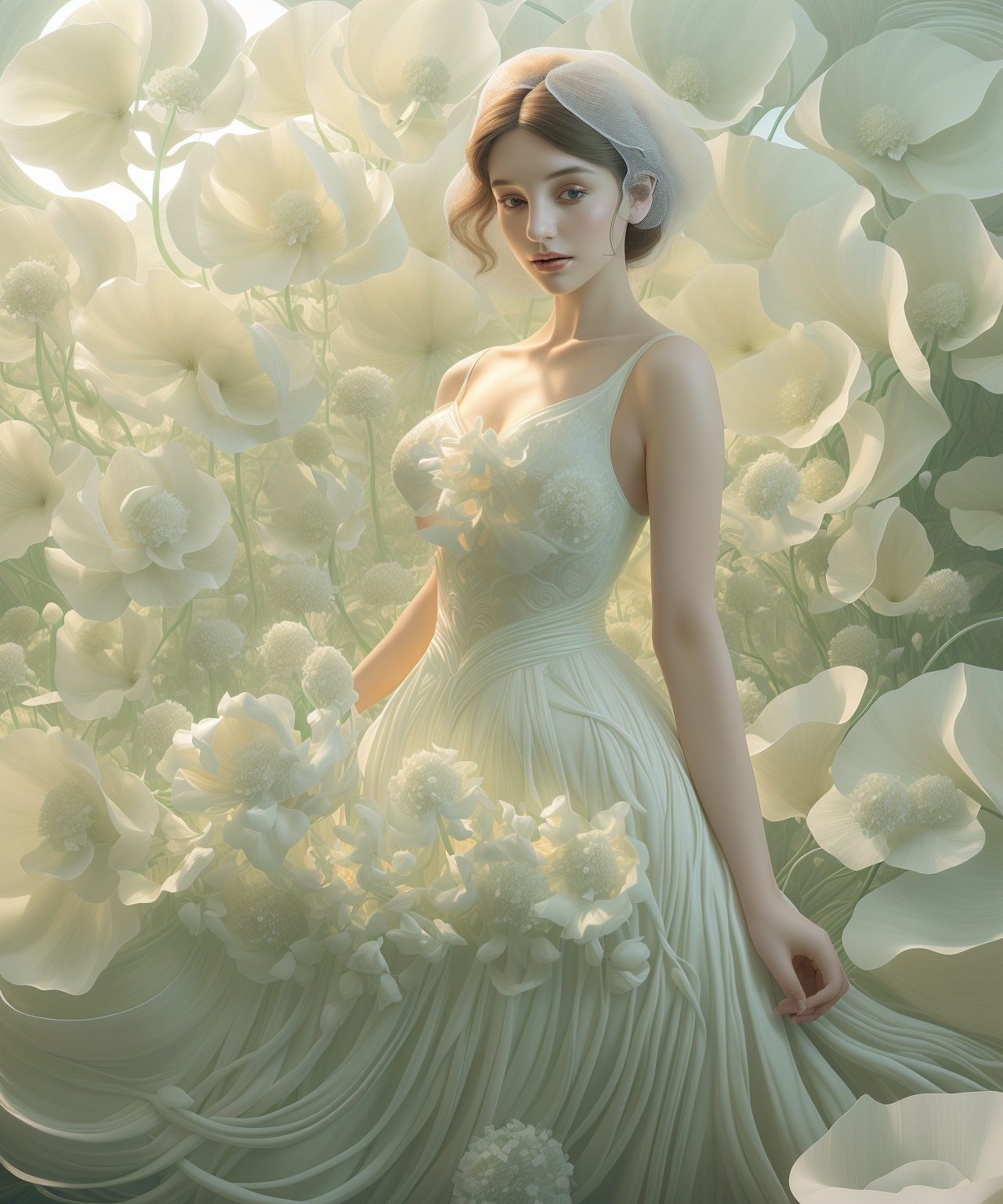 a woman in white wedding dress is posing in font of large white flowers,  in the style of artgerm,  photorealistic fantasi...
