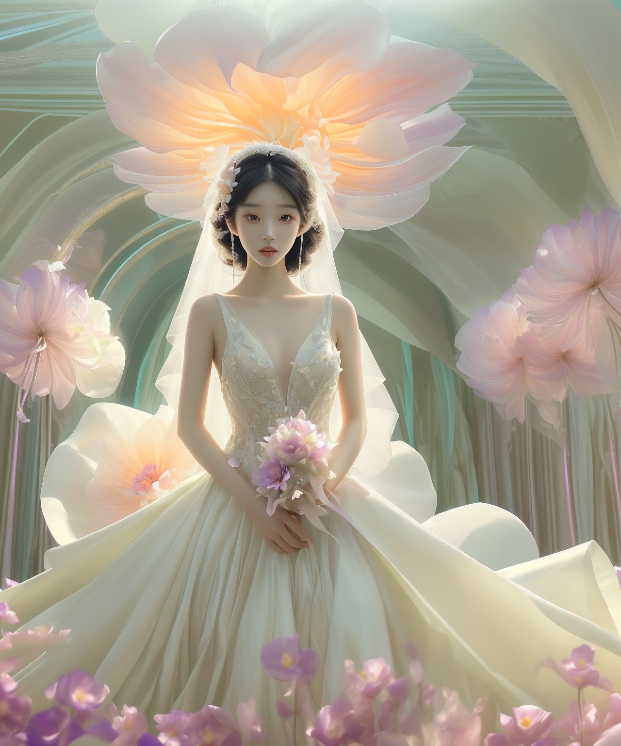 Asian woman with smooth skin,  wearing a stunning wedding dress. She is posing in front of a gigantic,  vibrantly colorful...