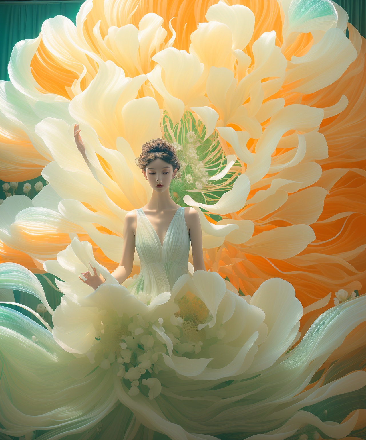 the woman in white dress standing inside a huge white flower,  in the style of light orange and light emerald,  dynamic po...