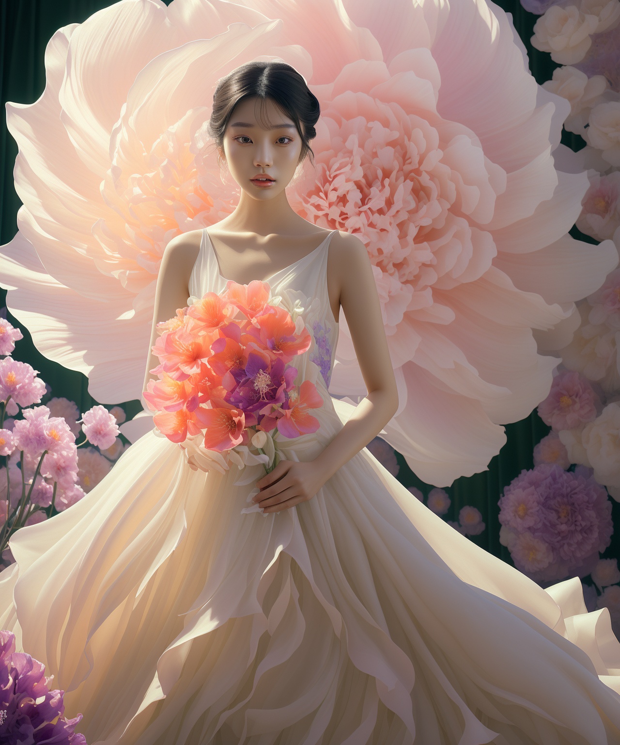 Asian woman with smooth skin,  wearing a stunning wedding dress. She is posing in front of a gigantic,  vibrantly colorful...