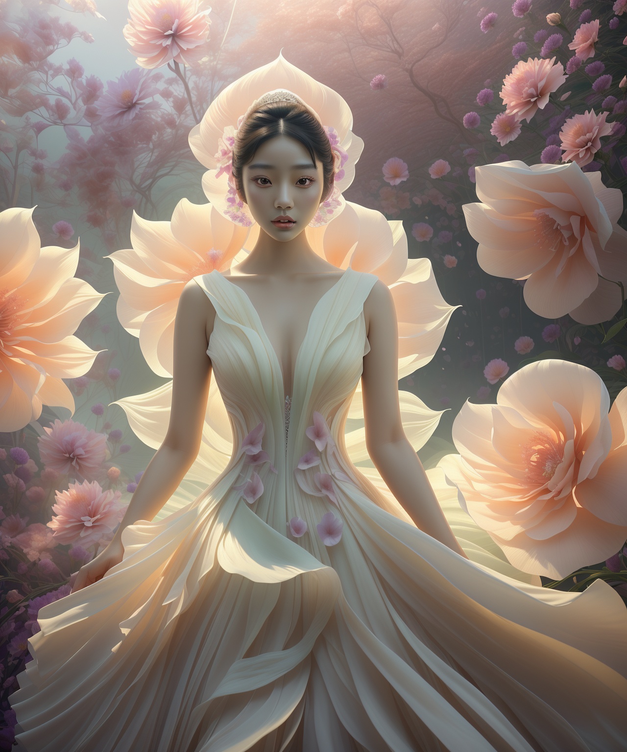 Asian woman with smooth skin,  wearing a stunning wedding dress. She is posing in front of a gigantic,  vibrantly colorful...