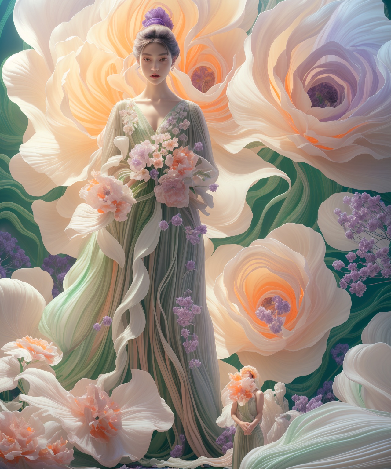 fullbody,  photo of woman standing in front of a beauty purple giant's flower,  portrait on Tensor.Art