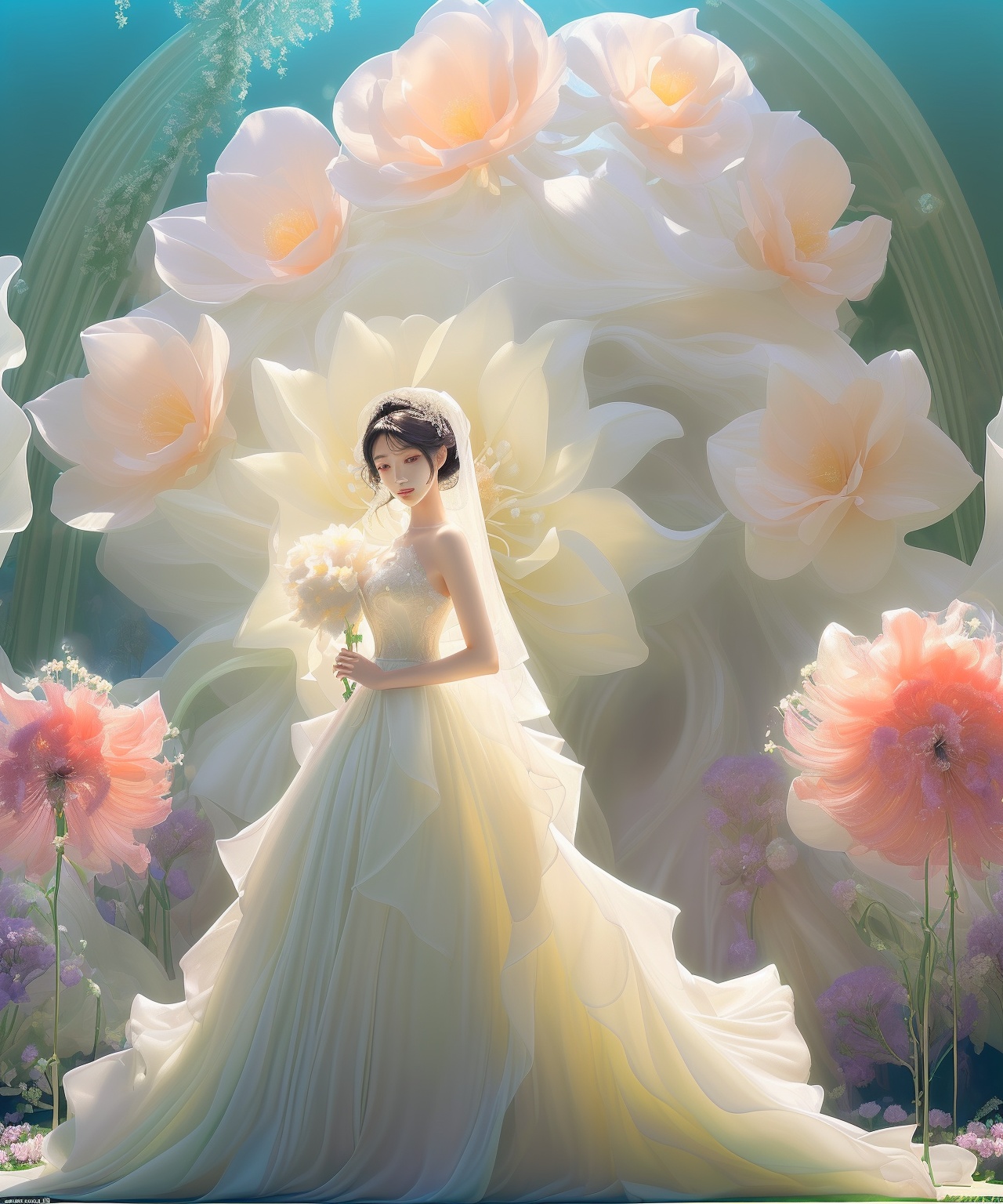 Asian woman with smooth,  radiant skin,  dressed in an exquisite wedding gown. She stands before a massive on Tensor.Art