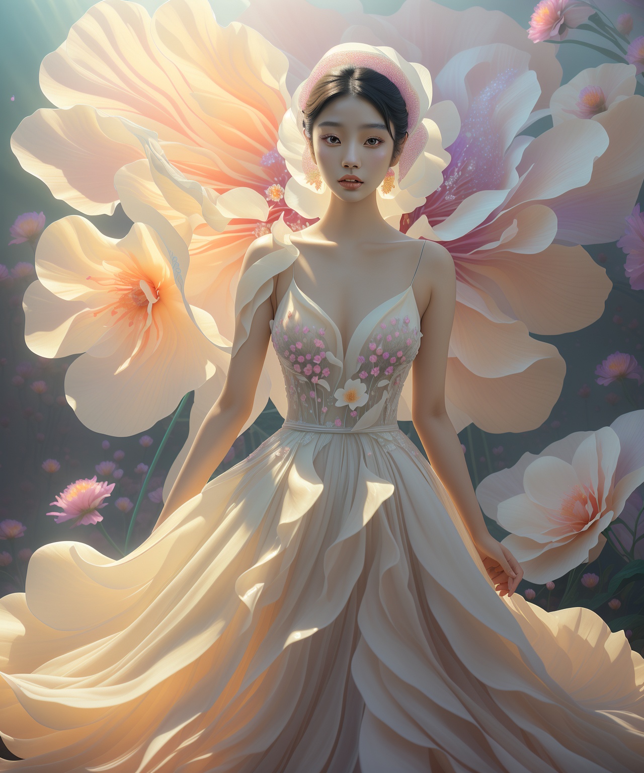 Asian woman with smooth skin,  wearing a stunning wedding dress. She is posing in front of a gigantic,  vibrantly colorful...