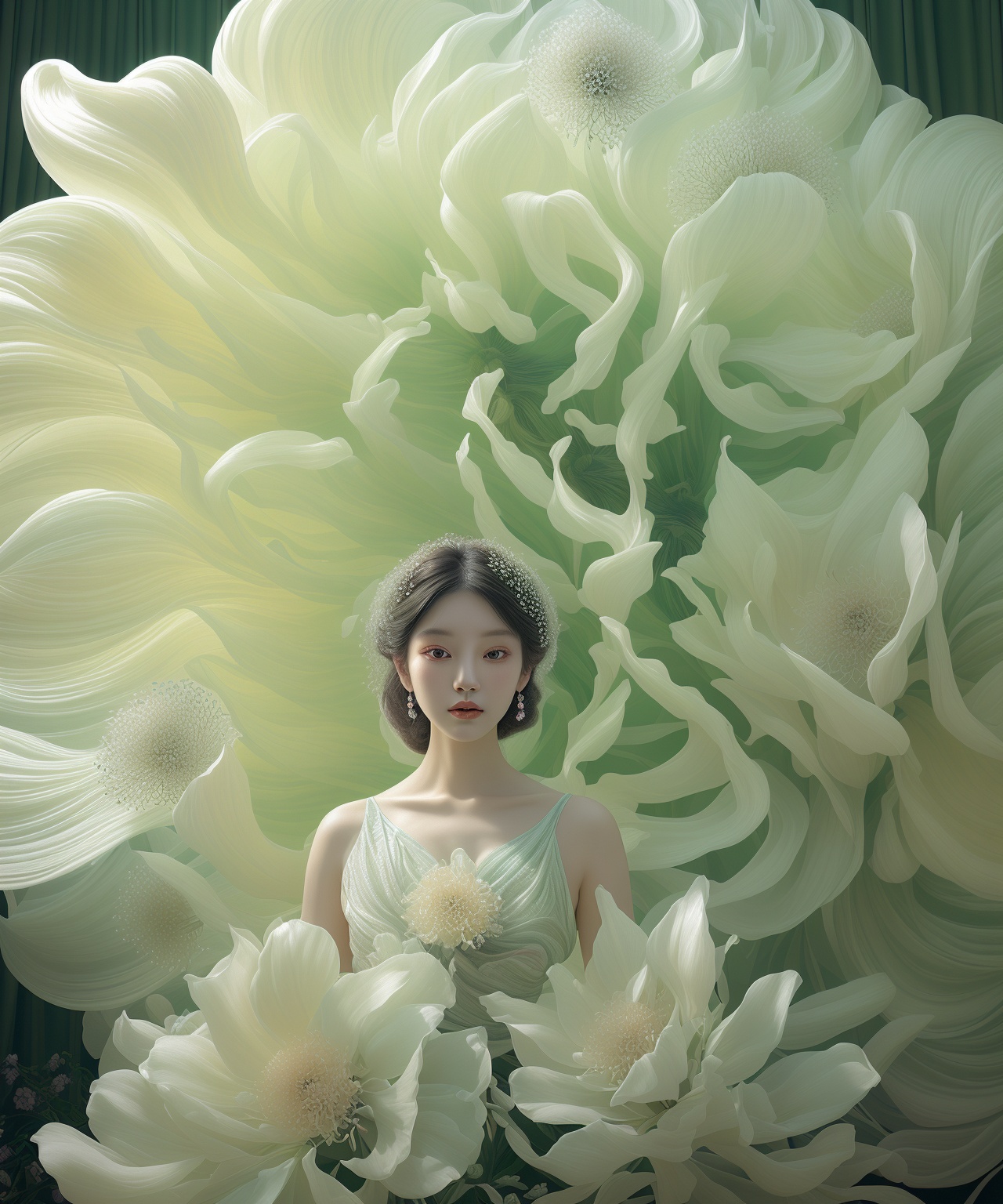 a woman is posing with a giant flower,  in the style of light white and light emerald,  ethereal details on Tensor.Art