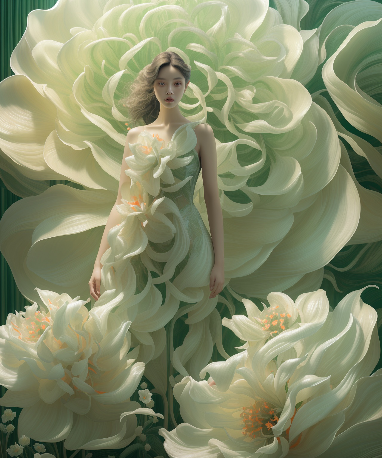 fullbody,  photo of woman standing in front of beauty giant's flower,  in the style of realistic hyper-detailed rendering...