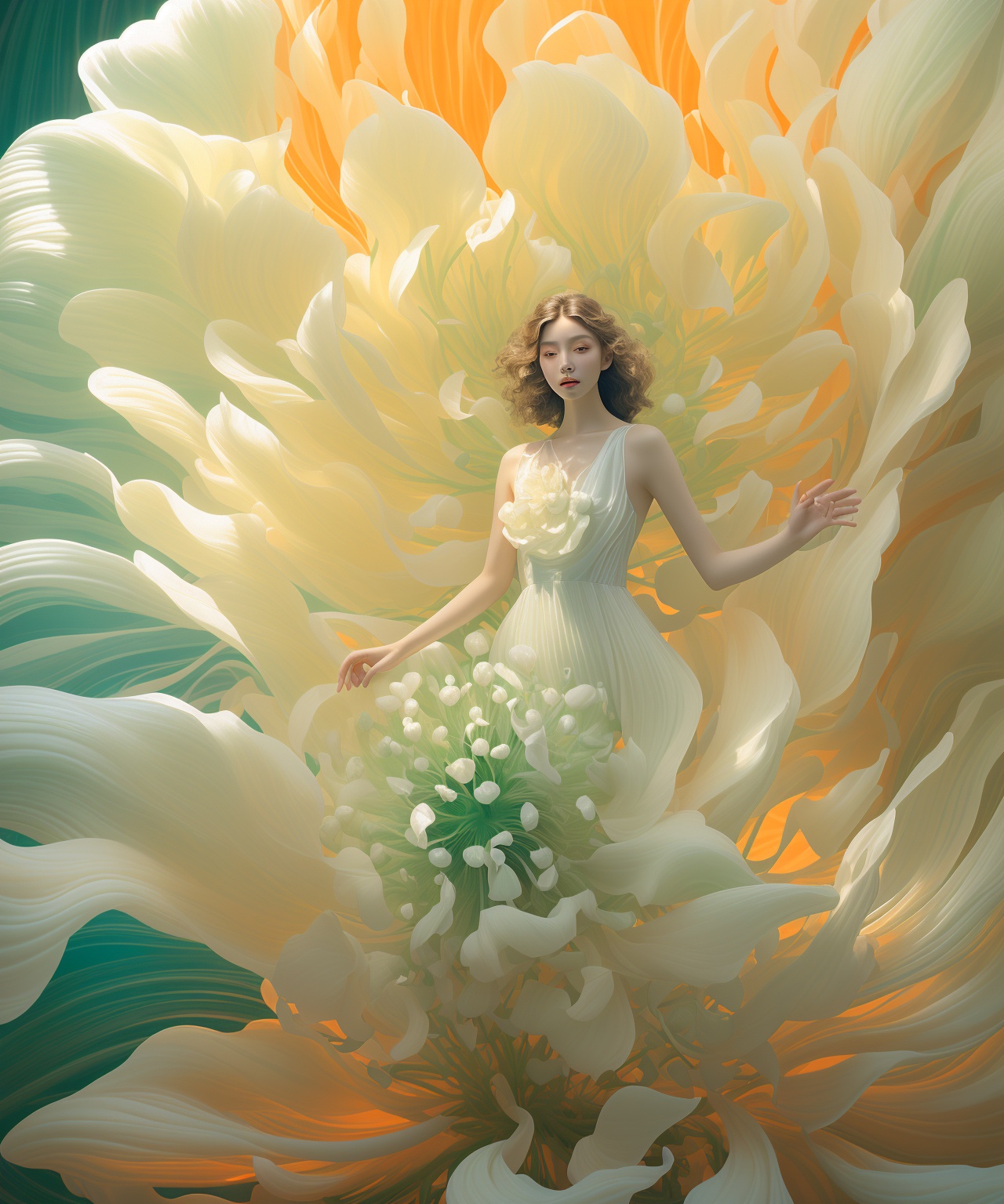 the woman in white dress standing inside a huge white flower,  in the style of light orange and light emerald,  dynamic po...