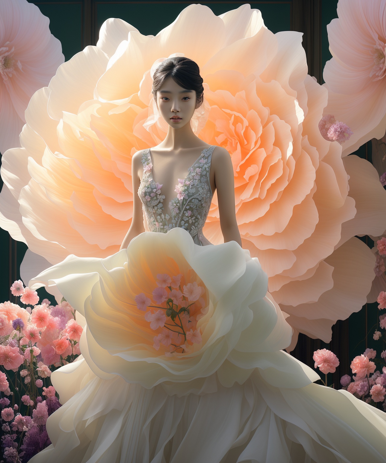 Asian woman with smooth skin,  wearing a stunning wedding dress. She is posing in front of a gigantic,  vibrantly colorful...