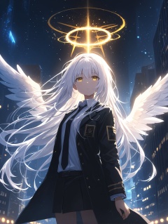 ((masterpiece, best quality,))depth of field,city night,1girl,solo,(white hair, messy hair, long hair),(angel wings, angel halo),flat chest,yellow eyes,(white shirt, black necktie, black coat, open coat),cinematic lighting,(((glowing light particles))),(arms behind back),