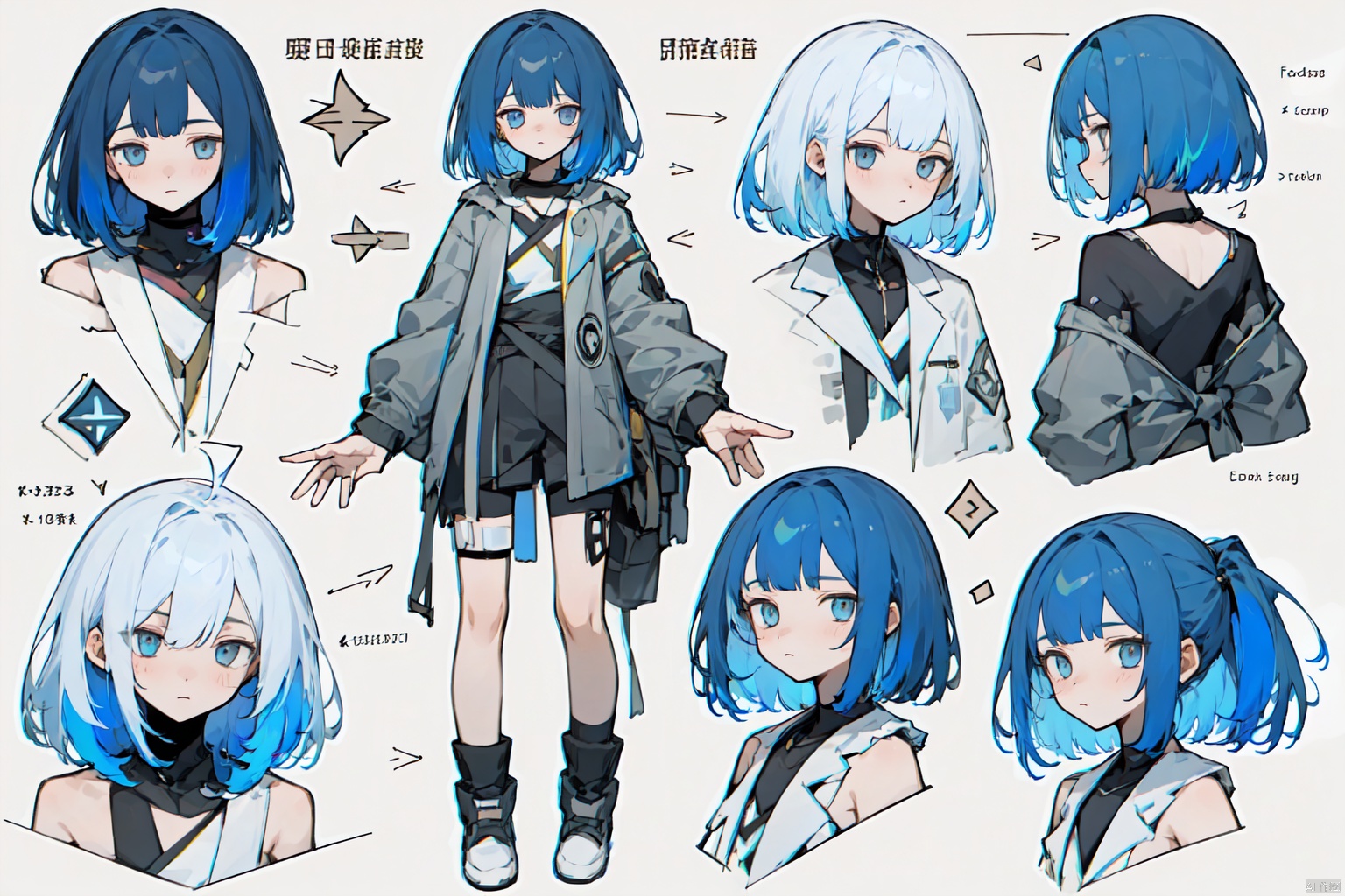 girl, multi-view,  hair,  Pure color background, different movements, Diagram, word,Multi-view,Colored hair, character designs, original characters,a complex design,Half body,The whole body