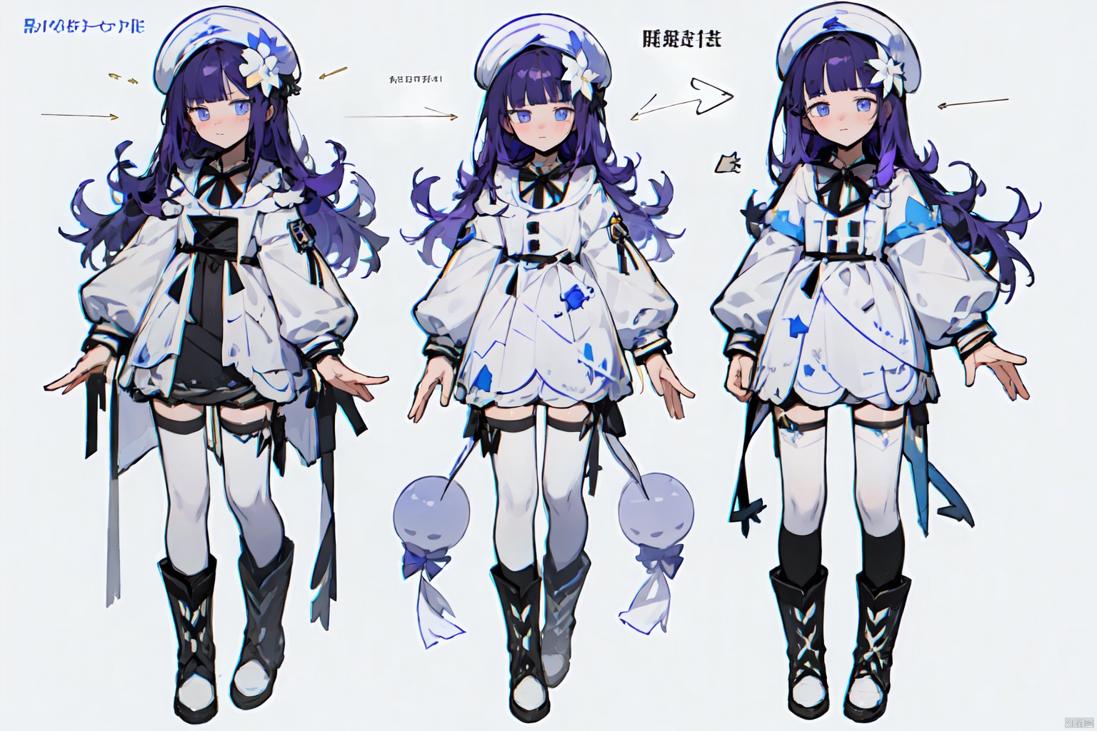 1girl, long hair, looking at viewer, bangs, blue eyes, simple background, hair ornament, thighhighs, long sleeves, dress, bow, ribbon, closed mouth, standing, full body, purple hair, flower, boots, frills, puffy sleeves, hair flower, blunt bangs, grey background, white dress, black bow, multiple views, white footwear, puffy long sleeves