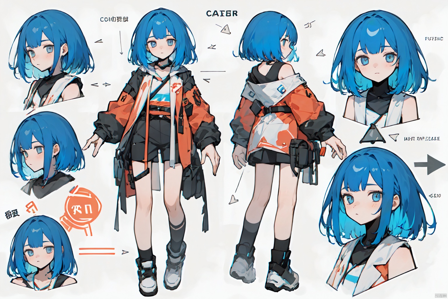 girl, multi-view,  hair,  Pure color background, different movements, Diagram, word,Multi-view,Colored hair, character designs, original characters,a complex design,Half body,The whole body