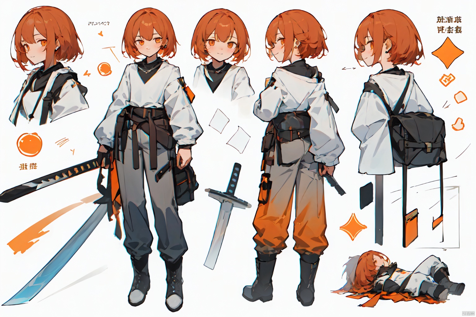 1girl, looking at viewer, smile, simple background, shirt, long sleeves, white background, jewelry, closed mouth, standing, full body, white shirt, weapon, earrings, boots, puffy sleeves, belt, pants, sword, medium hair, bag, black footwear, orange hair, orange eyes, profile, multiple views, sheath, puffy long sleeves, pouch, sheathed, shoulder bag, arms at sides, reference sheet, belt pouch, weapon on back, turnaround