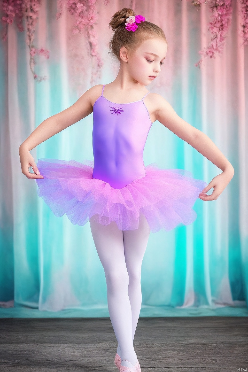  high quality body photography of a young girl, Russian girl, 1girl, 14yo, Glow-in-the-dark LeotardGirl, floral swimsuit, detailed hair ornament,beautiful detailed eyes,beautiful and aesthetic,super high resolution,Vivid colors, Vivid colors, Sharp focus, Physically-based rendering,[[fullbody]], 