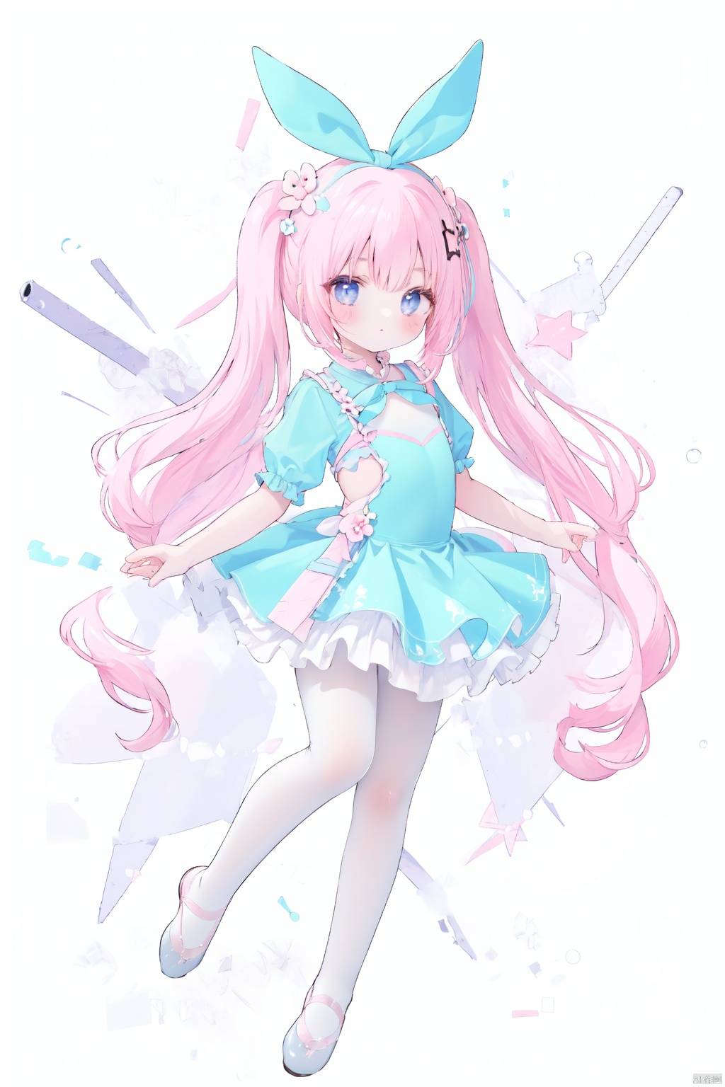  1 girl, solo, dress, standing, white background, expressionless, ((Pastel Kawaii)), pastel colors, dreamy, star hairclips, unicorns, clouds, kawaii, harajuku style clothes, ribbons, soft filter, cute colors, sparkles, angelic elements, stars, pastel colored hair, bandages, baggy clothes, street fashion,hide left hand,white hair,big pink ribbon, cuteloli, LeotardGirl, high quality body photography of a young girl, Russian girl, 1girl, 17yo, long hair, (floral LeotardGirl, LaceSkirt), detailed hair ornament,beautiful detailed eyes,beautiful and aesthetic,super high resolution,Vivid colors, Vivid colors, Sharp focus, Physically-based rendering,[[fullbody]],