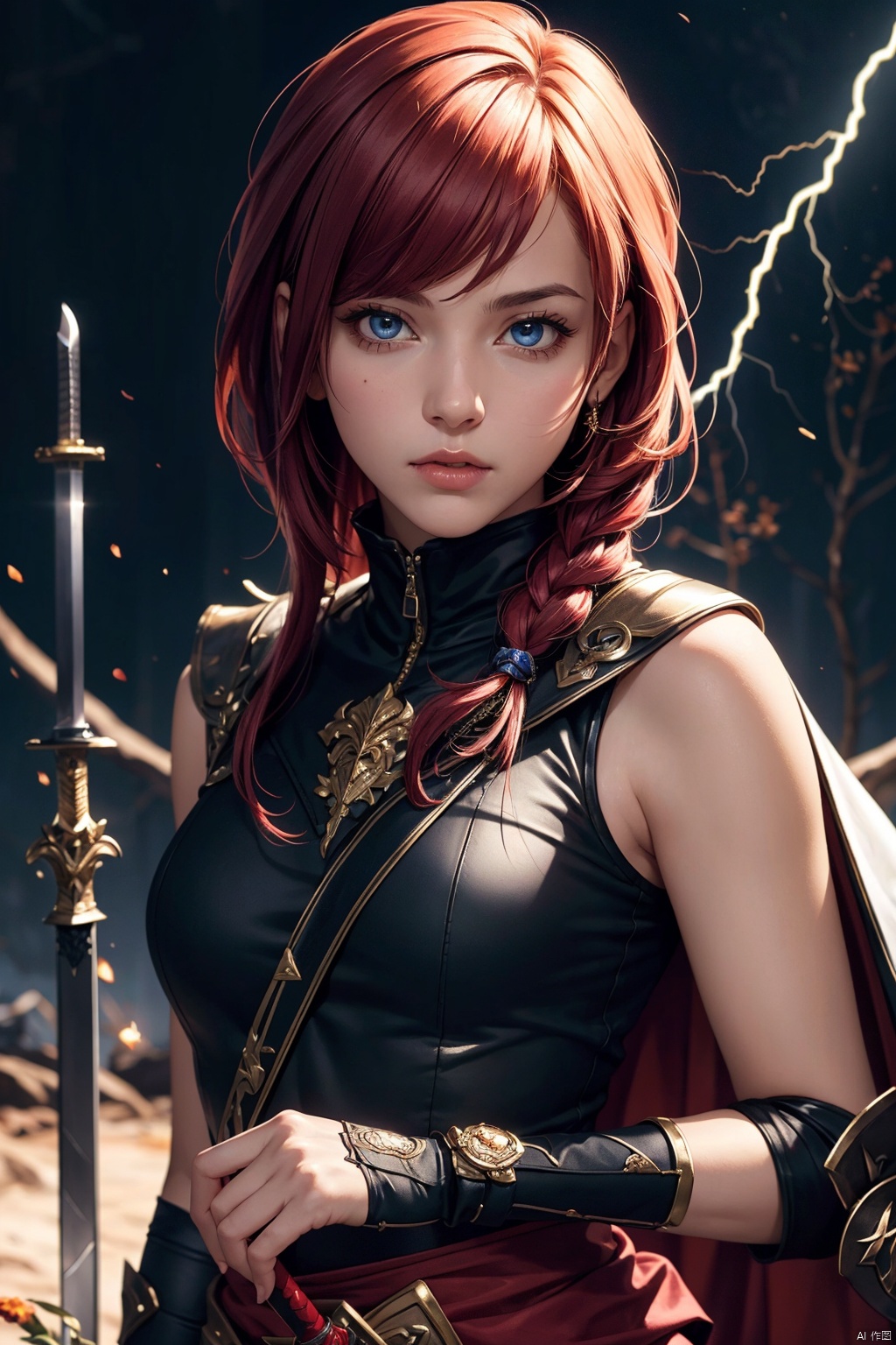 (masterpiece, best quality:1.2),  (Planted Sword on Hand:1.2), 1girl, solo, lightning farron, sleeveless, shoulder armor, cape, skirt, fingerless gloves, (detailed face and eyes:1.3)  