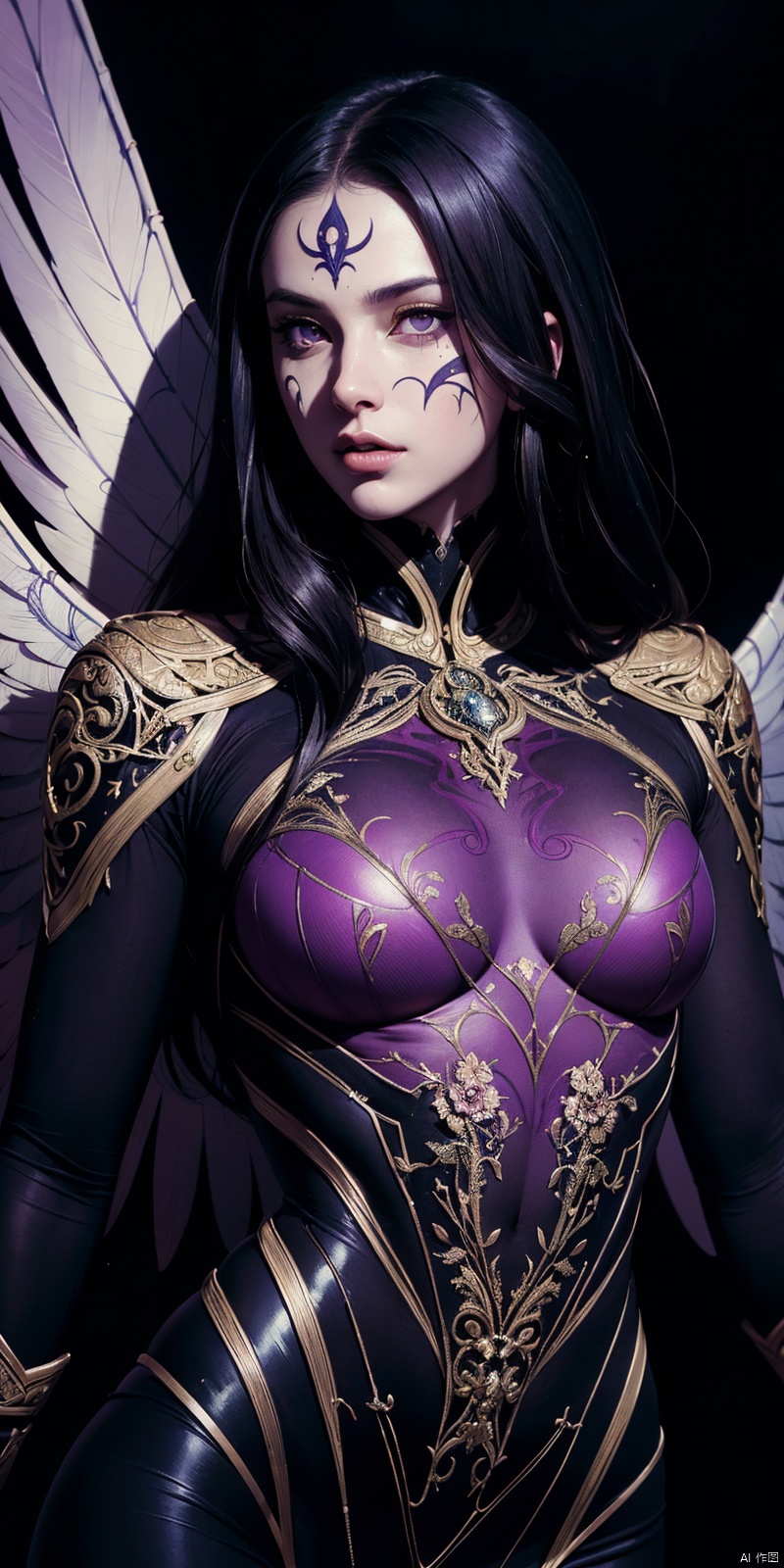 professional photograph of a kaisa by sandra Chevrier and brian froud and J.A.W. Cooper , bold lines, hyper detailed, dark limited palette, dramatic lighting, beautiful shadow, (intricate details, masterpiece, best quality:1.4), 
black hair, long hair, purple eyes, facial mark, bodysuit, wings,
 