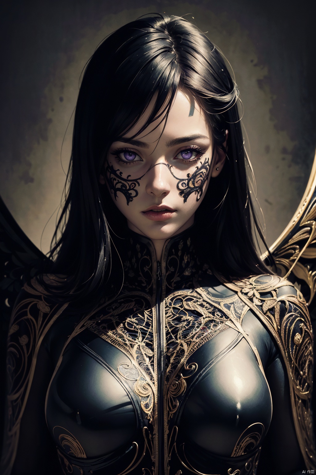 professional photograph of a kaisa by sandra Chevrier and brian froud and J.A.W. Cooper , bold lines, hyper detailed, dark limited palette, dramatic lighting, beautiful shadow, (intricate details, masterpiece, best quality:1.4), 
black hair, long hair, purple eyes, facial mark, bodysuit, wings,
 