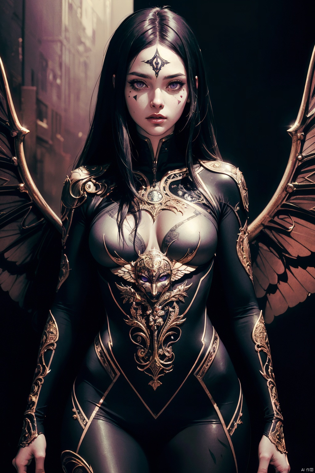 professional photograph of a kaisa by sandra Chevrier and brian froud and J.A.W. Cooper , bold lines, hyper detailed, dark limited palette, dramatic lighting, beautiful shadow, (intricate details, masterpiece, best quality:1.4), 
black hair, long hair, purple eyes, facial mark, bodysuit, wings,
 