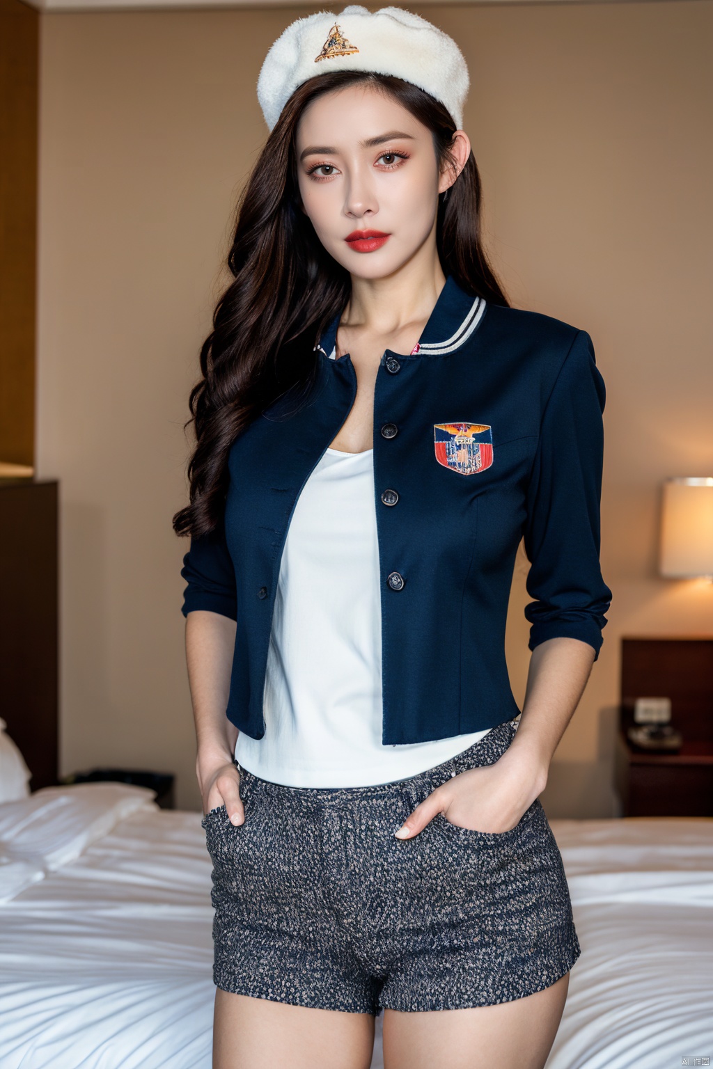 PHOTOREALISTIC REALISTIC,masterpiece,best quality,highres,ultra detailed,8k,1woman,cowboy shot,hands on hips,strobe lighting,stewardess outfit,stewardess hat,serious,makeup,lipstick,hotel room
