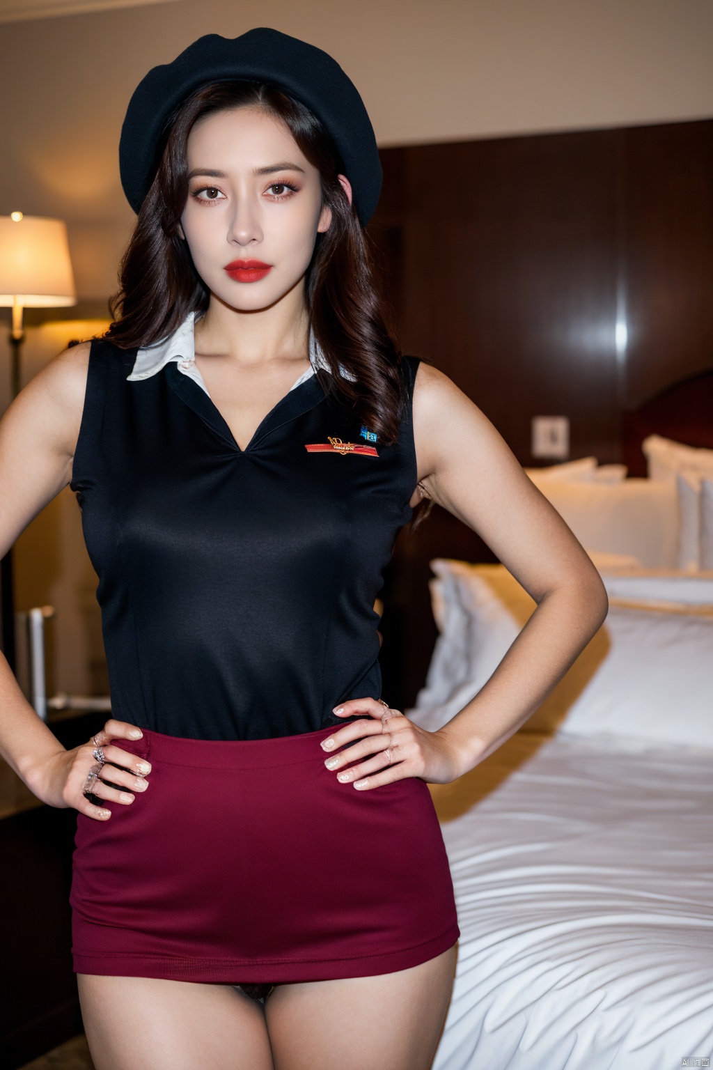 PHOTOREALISTIC REALISTIC,masterpiece,best quality,highres,ultra detailed,8k,1woman,cowboy shot,hands on hips,strobe lighting,stewardess outfit,stewardess hat,serious,makeup,lipstick,hotel room
