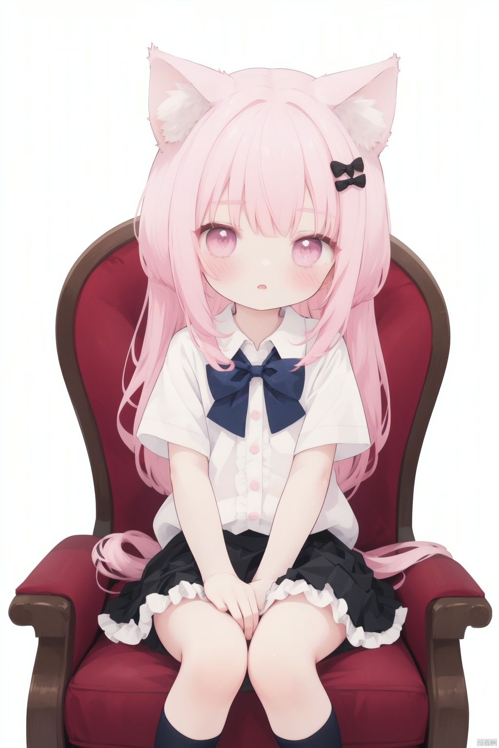  masterpiece,best quality,very long hair,cowboy shot,moinszero,moinszero,moinszero,moinszero,moinszero,moinszero,moinszero,moinszero,1girl,solo,animal_ears,pink_hair,skirt,sitting,shirt,pink_eyes,chair,white_shirt,black_skirt,looking_at_viewer,bow,white_background,black_bow,between_legs,frilled_skirt,short_sleeves,cat_ears,argyle,argyle_legwear,hand_between_legs,bowtie,simple_background,animal_ear_fluff,frills,bangs,blush,collared_shirt, loli