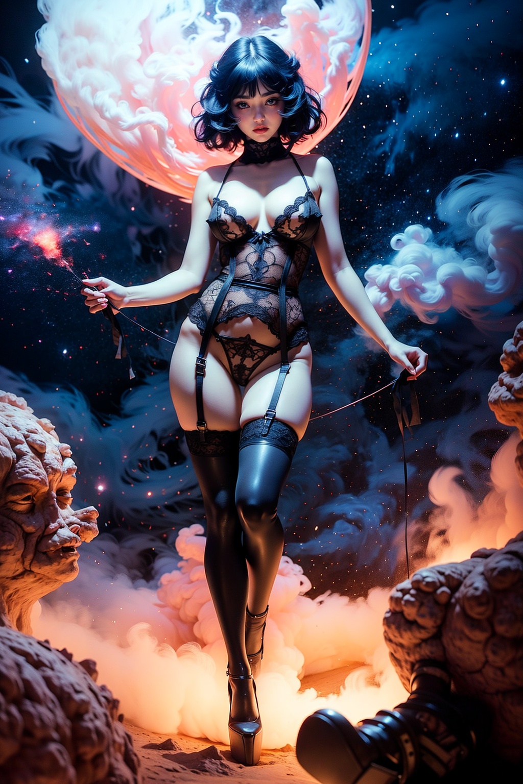 A full body photo of a beautiful and angelic 21 year old goddess with huge breasts with lots of beautiful detailed (galaxi...